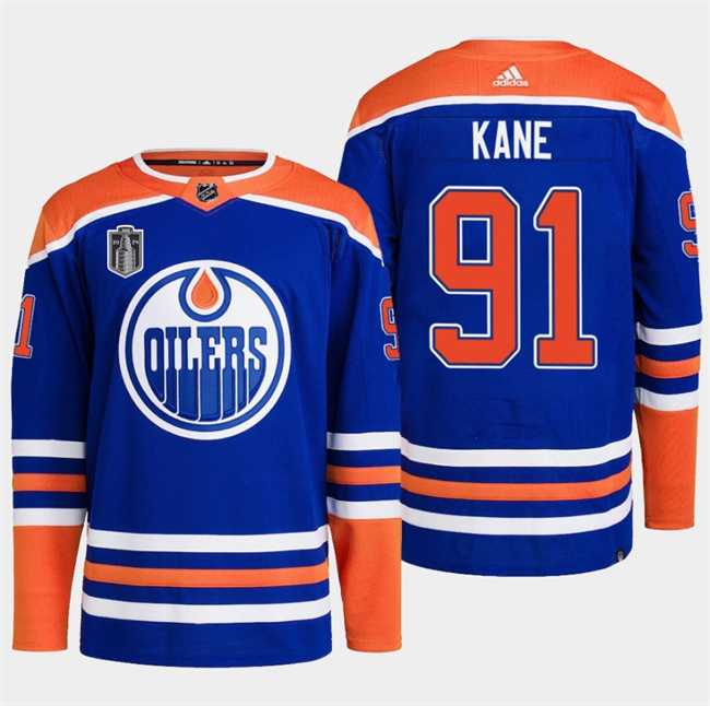 Men%27s Edmonton Oilers #91 Evander Kane Royal 2024 Stanley Cup Final Patch Stitched Jersey Dzhi
